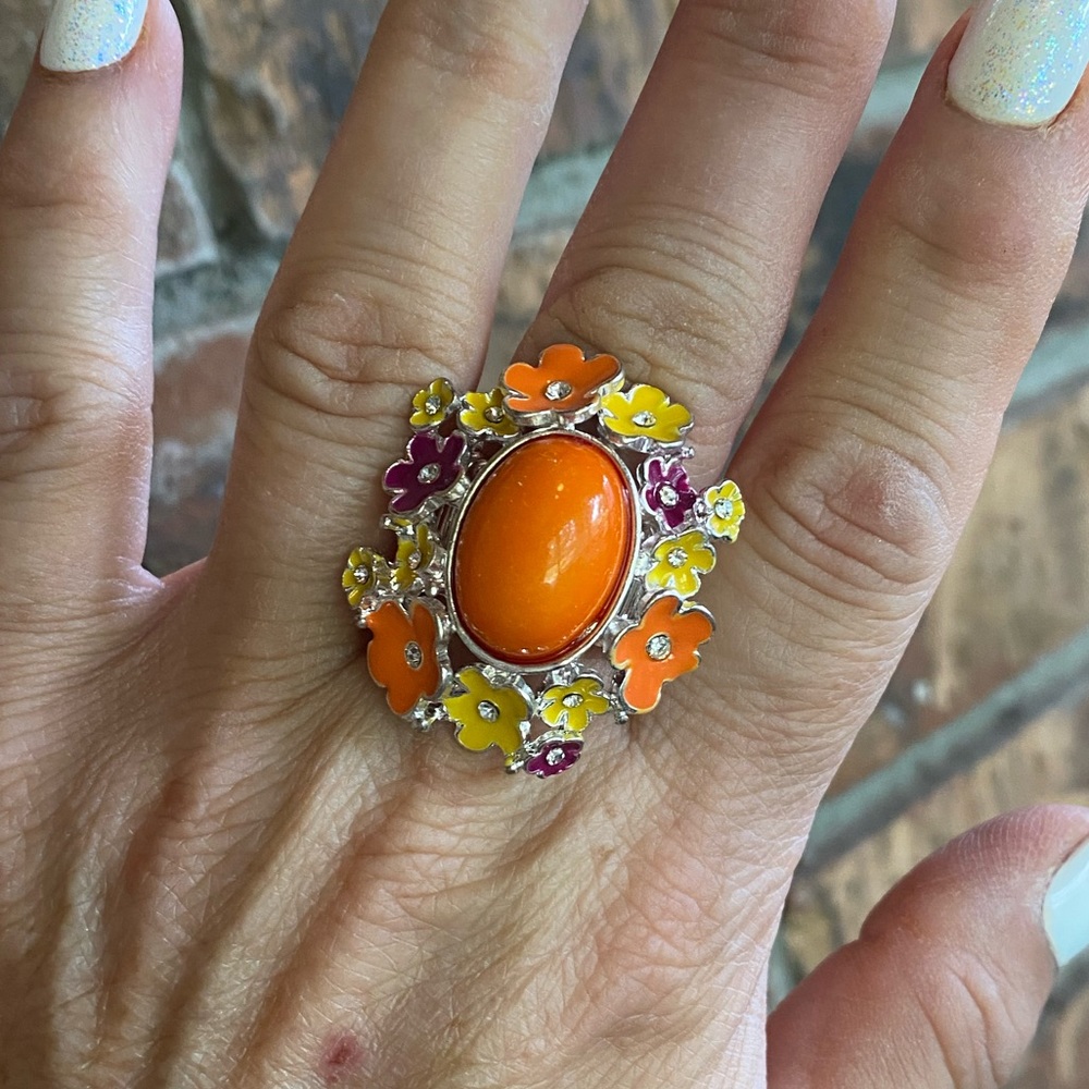 Summer Fun Floral & Crystal, Orange,Yellow, Purple Stretch Ring, NWOT size 6-11